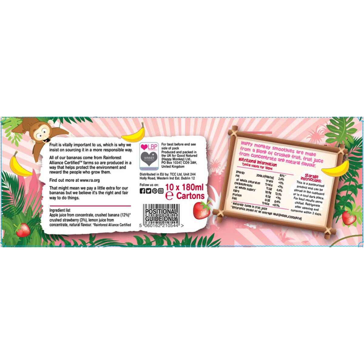 Happy Monkey Strawberry & Banana Smoothies, 4 x 10 x 180ml