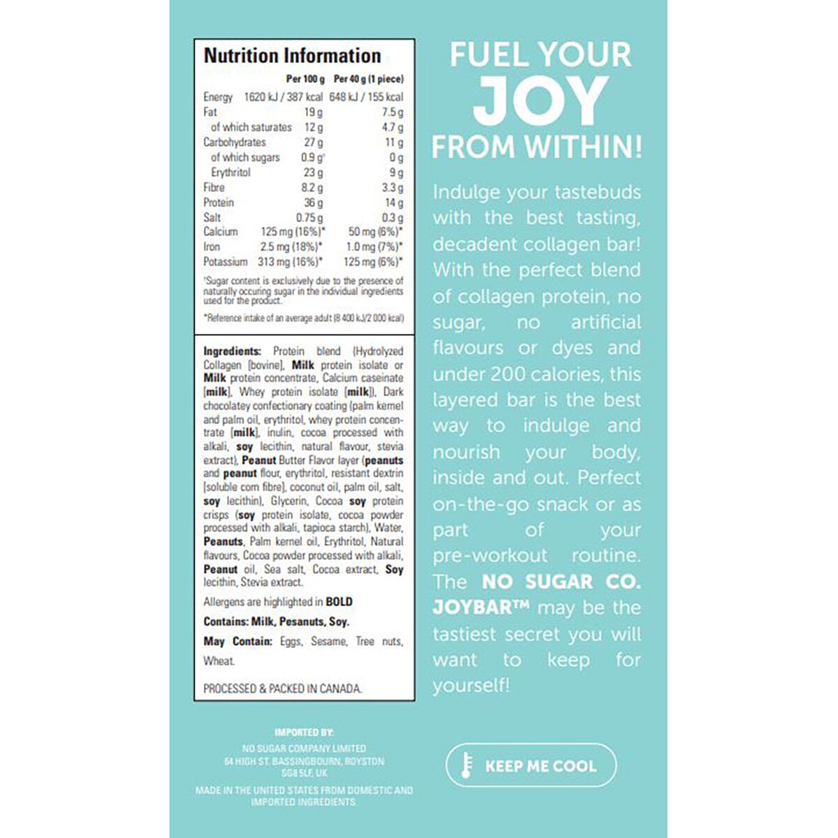 No Sugar Company Joy Bar Chocolate & Peanut Butter Collagen Bar, 12 x 40g