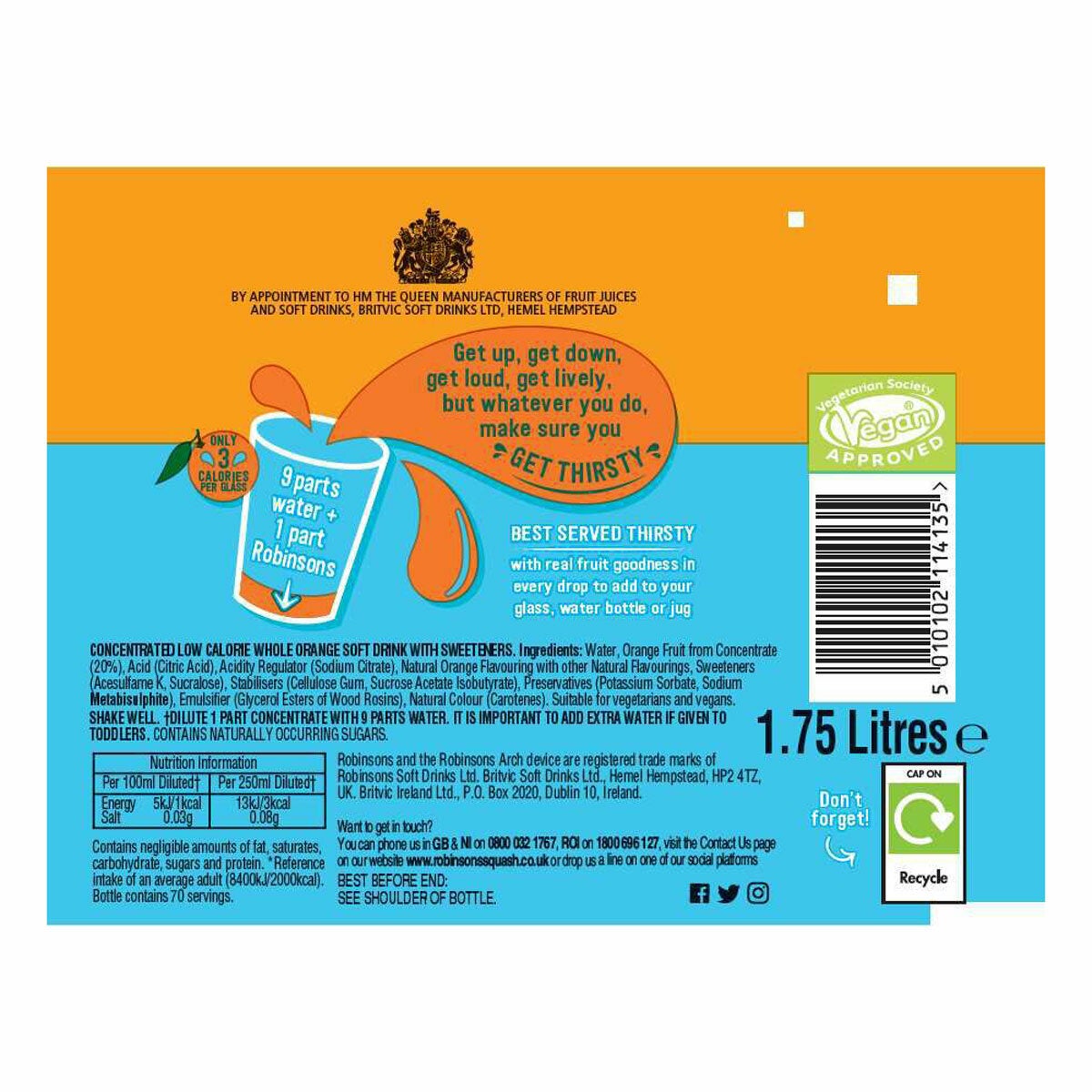Robinsons Double Concentrate Orange, 6 x 1.75L