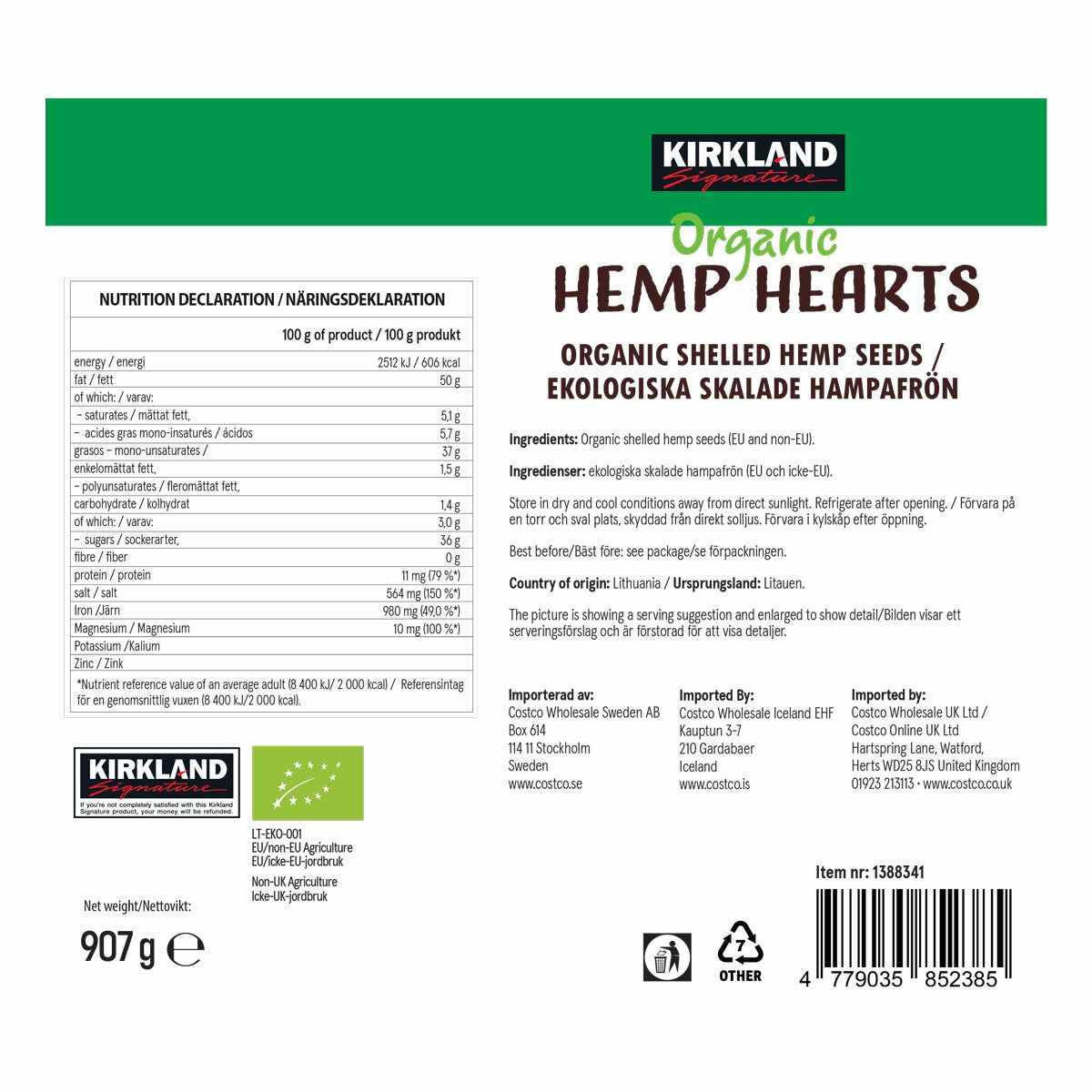 Kirkland Signature Organic Hemp Hearts, 907g