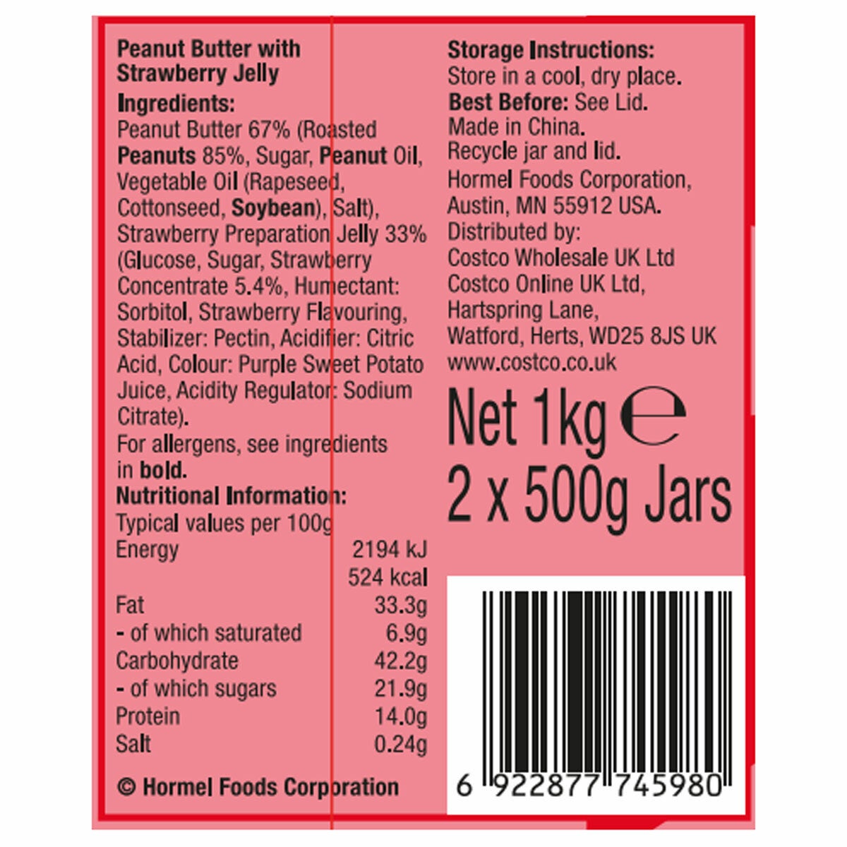 Skippy Strawberry Stripe Peanut Butter, 2 x 500g