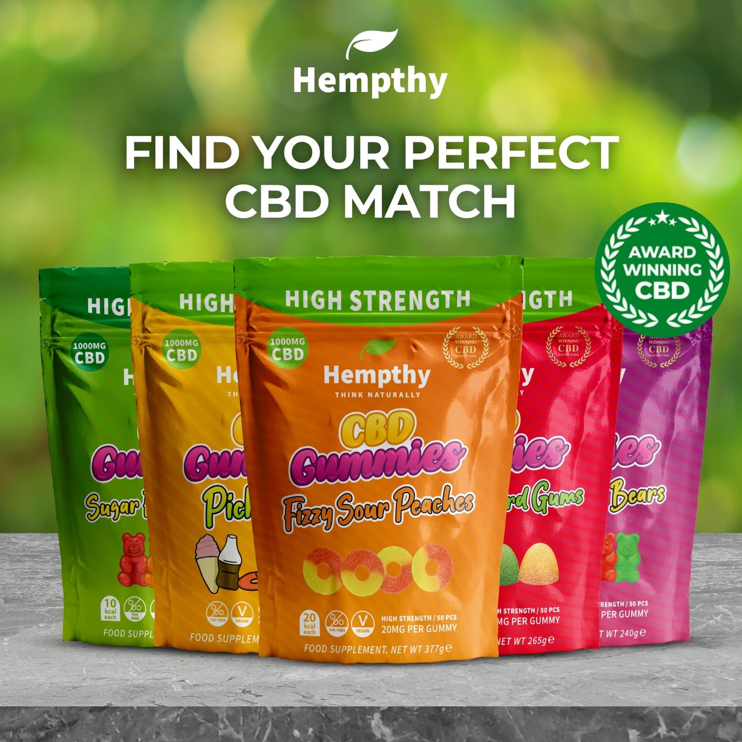 Hempthy High Strength CBD Gummies 1000mg, 20mg x 50 Gummies, HIGH Strength CBD Gummy Bears, 1000mg Total CBD, THC Free, Best UK CBD Gummy Bears