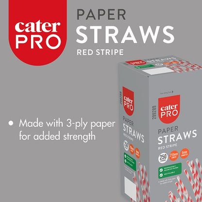 CaterPro 250 Paper Straws Red Stripe 210mm x 6mm