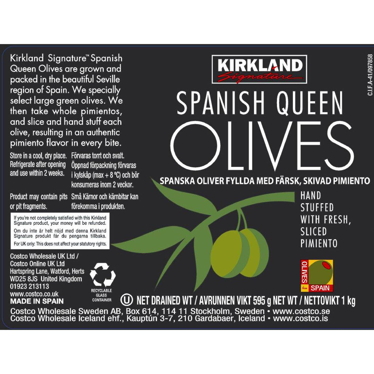Kirkland Signature Spanish Queen Pimiento Stuffed Olives, 595g