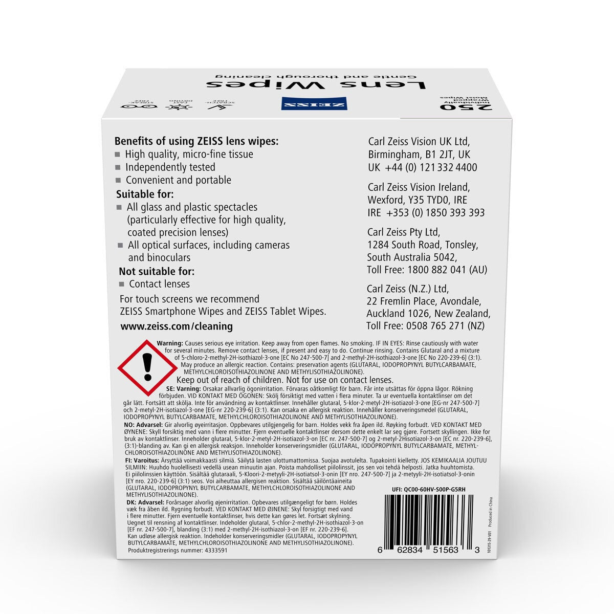 Zeiss Lens Cleaning Wipes, 250 Wipes