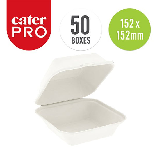 CaterPro 50 Bagasse Burger Boxes with Hinged Lids