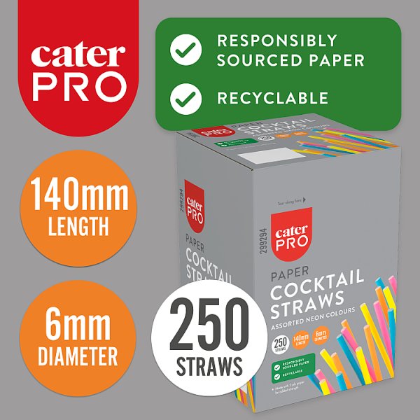 CaterPro 250 Paper Cocktail Straws Assorted Neon Colours