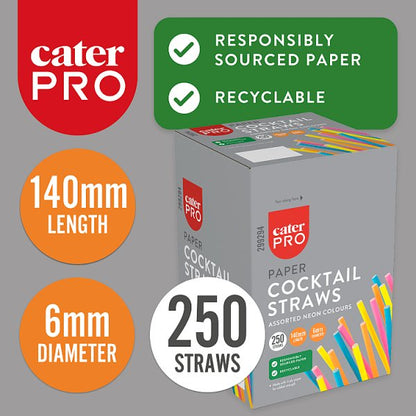 CaterPro 250 Paper Cocktail Straws Assorted Neon Colours
