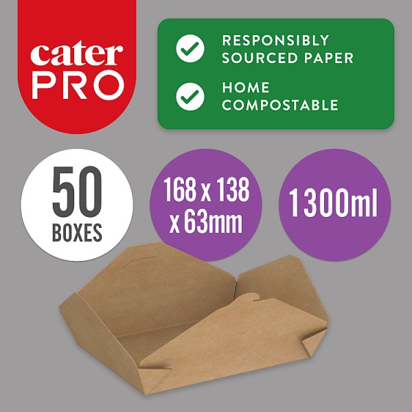 CaterPro 50 Kraft Food Boxes with Folded Lid 1300ml 168 x 138 x 63mm