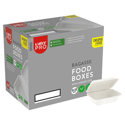 CaterPro 50 Bagasse Food Boxes with Hinged Lids 7x5”/127x178mm