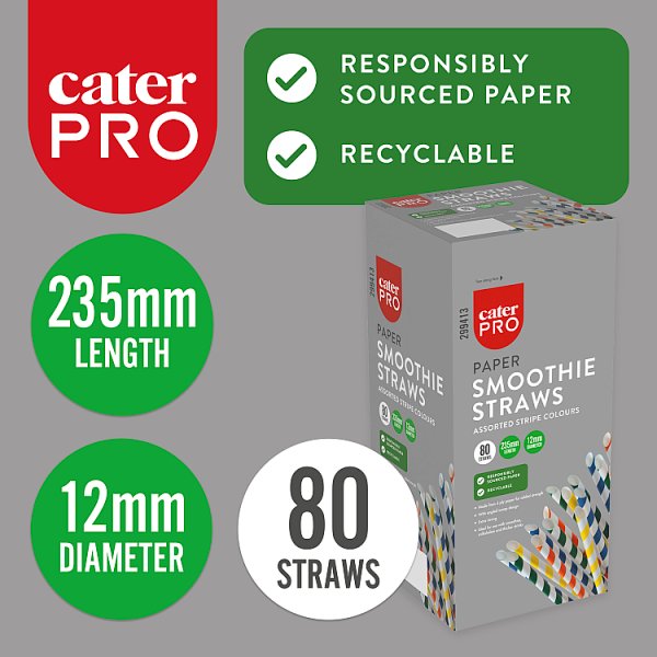 CaterPro 80 Paper Smoothie Straws Assorted Stripe Colours 235mm x 12mm
