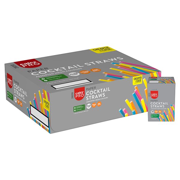 CaterPro 250 Paper Cocktail Straws Assorted Neon Colours