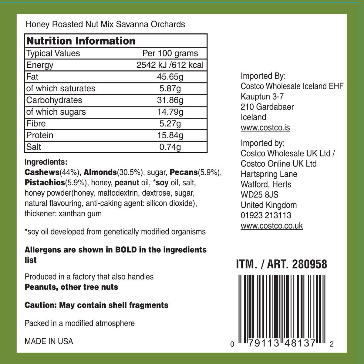 Savanna Orchards Gourmet Honey Roasted Nut Mix, 850g