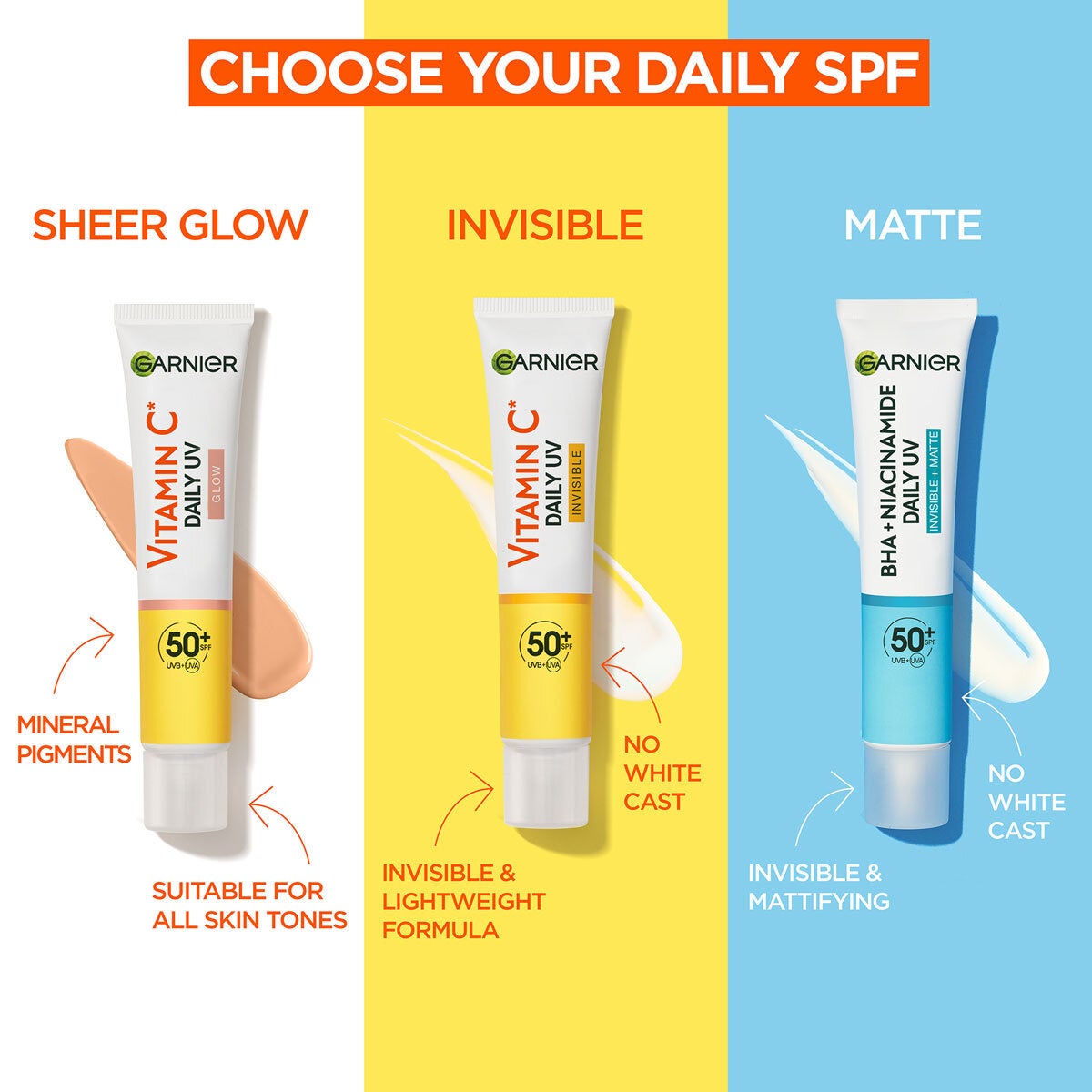 Garnier Daily UV Fluid, SPF 50+, Vitamin C Sheer Glow, Invisible & BHA+ Niacinamide