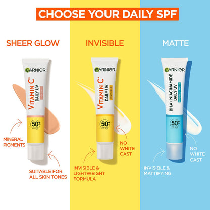 Garnier Daily UV Fluid, SPF 50+, Vitamin C Sheer Glow, Invisible & BHA+ Niacinamide