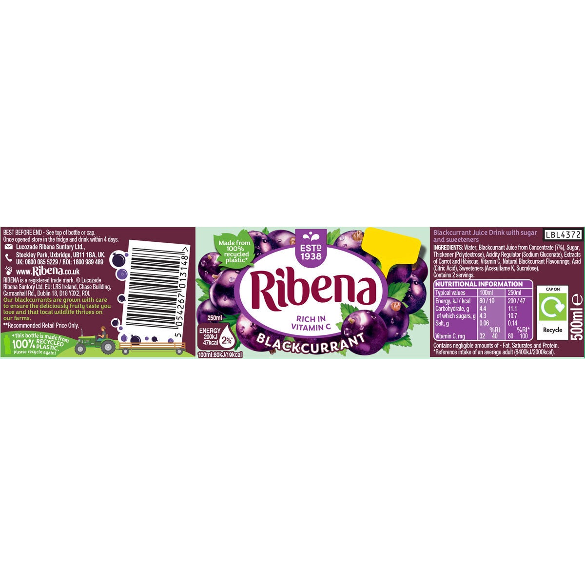 Ribena Blackcurrant PMP, 12 x 500ml
