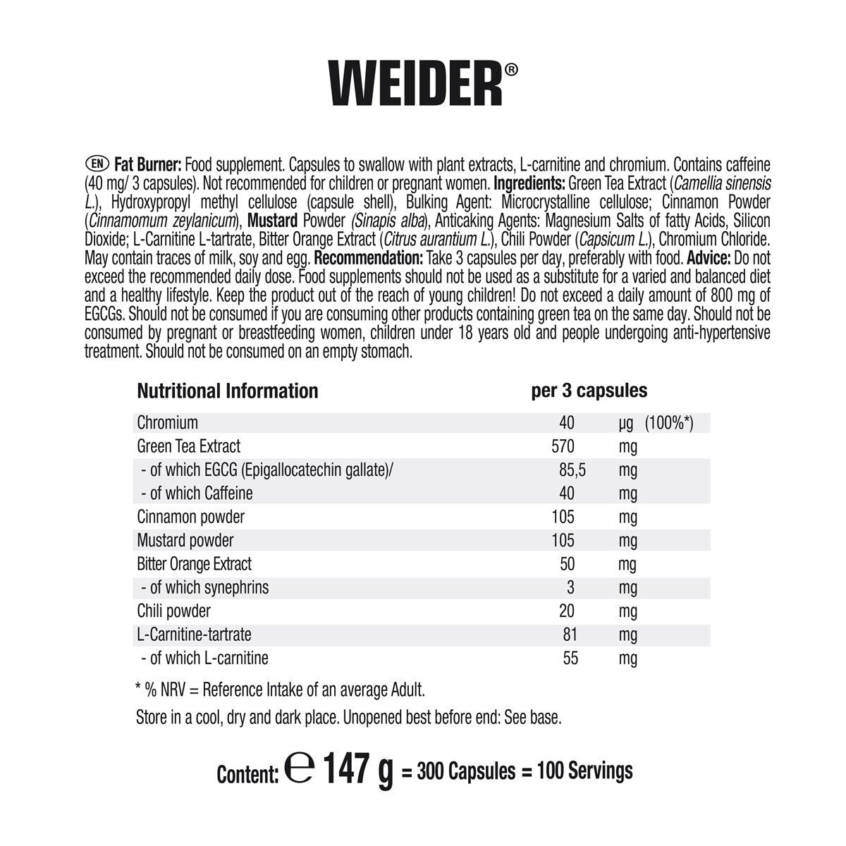 Weider Fat Burner, 300 Count