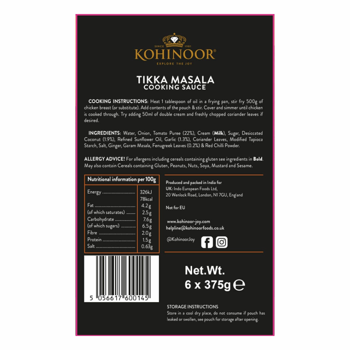 Kohinoor Tikka Masala, 6 x 375g