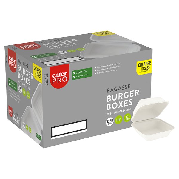CaterPro 50 Bagasse Burger Boxes with Hinged Lids