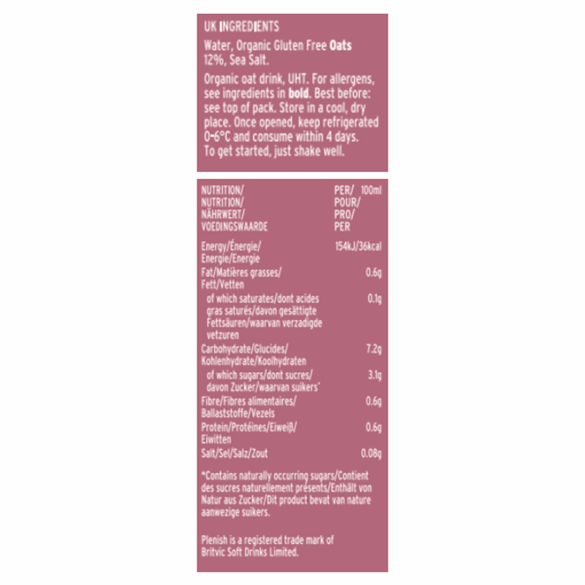 Plenish Organic Oat Milk, 8 x 1L