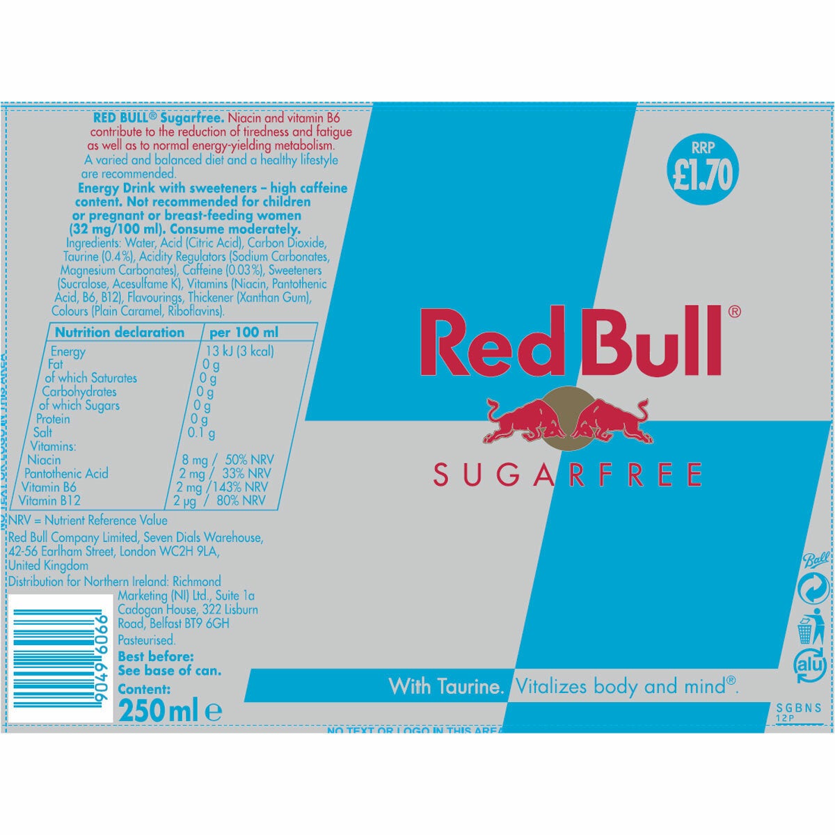 Red Bull Sugar Free PMP £1.70, 24 x 250ml