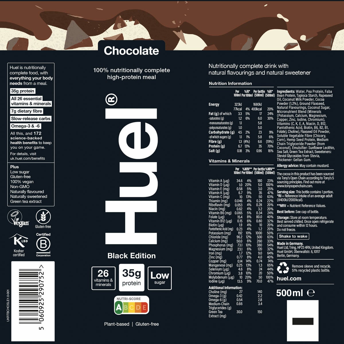 Huel Complete Meal Drink Black Edition Chocolate, 12 x 500ml