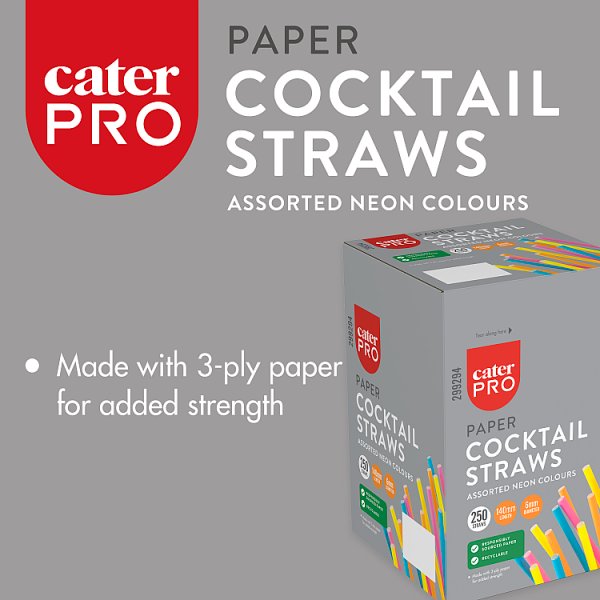 CaterPro 250 Paper Cocktail Straws Assorted Neon Colours