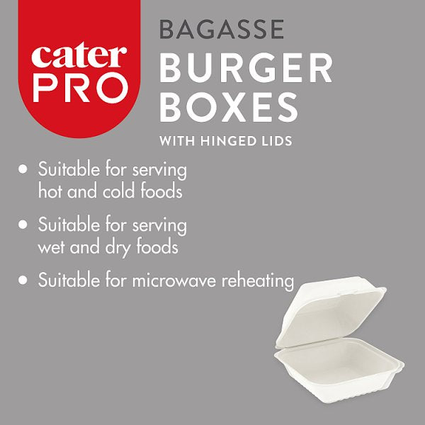 CaterPro 50 Bagasse Burger Boxes with Hinged Lids