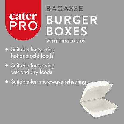 CaterPro 50 Bagasse Burger Boxes with Hinged Lids