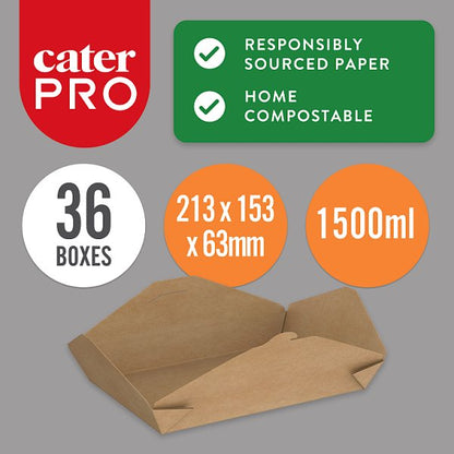 CaterPro 36 Kraft Food Boxes with Folded Lid 1500ml 213 x 153 x 63mm