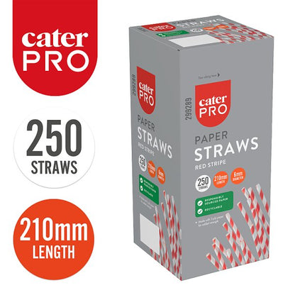 CaterPro 250 Paper Straws Red Stripe 210mm x 6mm