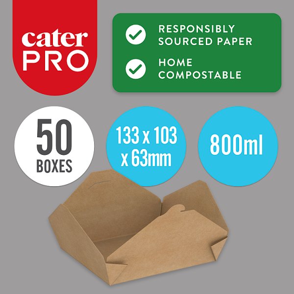 CaterPro 50 Kraft Food Boxes with Folded Lids 800ml 133 x 103 x 63mm