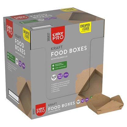 CaterPro 50 Kraft Food Boxes with Folded Lid 1300ml 168 x 138 x 63mm