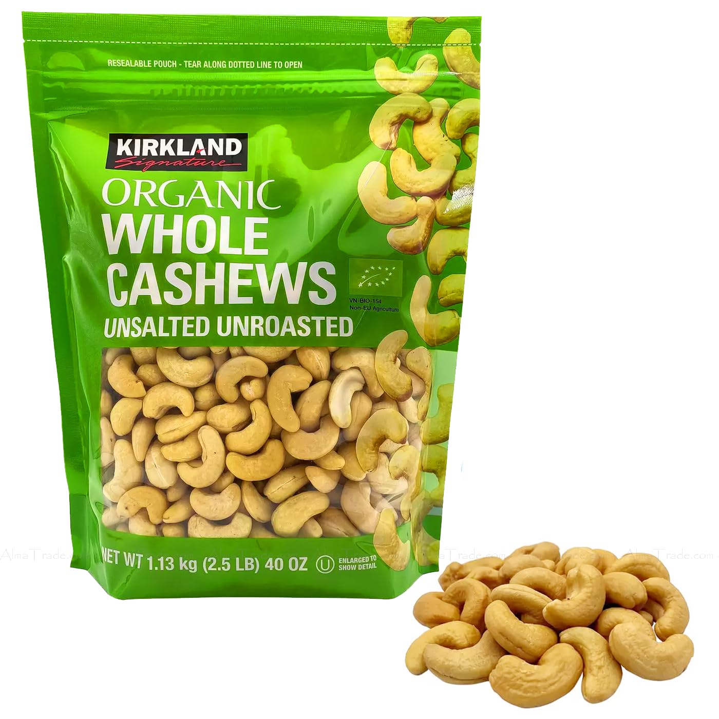 Kirkland Signature Organic Whole Cashews Unsalted Unroasted Nuts Bag Pack 1.13kg