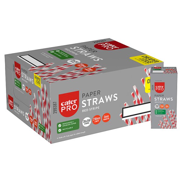 CaterPro 250 Paper Straws Red Stripe 210mm x 6mm