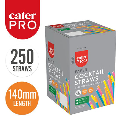 CaterPro 250 Paper Cocktail Straws Assorted Neon Colours