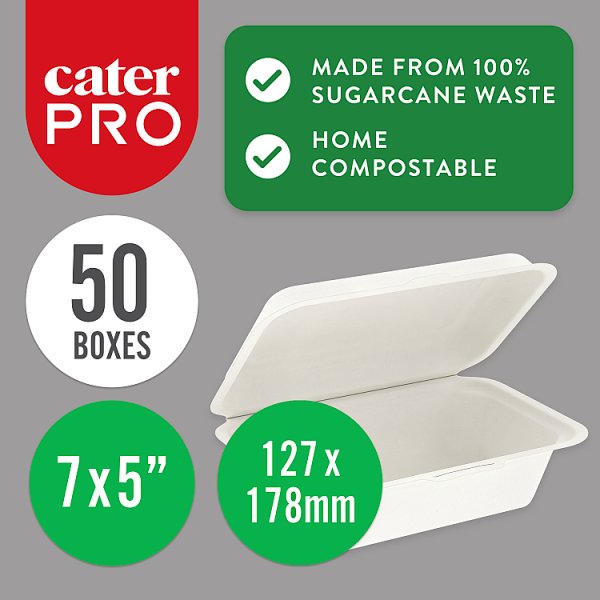 CaterPro 50 Bagasse Food Boxes with Hinged Lids 7x5”/127x178mm