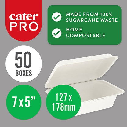 CaterPro 50 Bagasse Food Boxes with Hinged Lids 7x5”/127x178mm