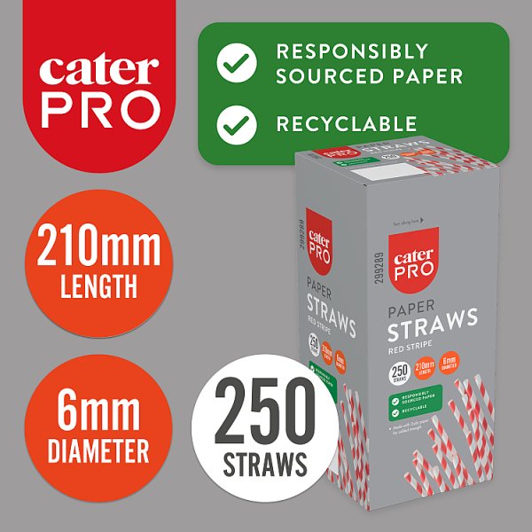 CaterPro 250 Paper Straws Red Stripe 210mm x 6mm