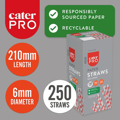 CaterPro 250 Paper Straws Red Stripe 210mm x 6mm