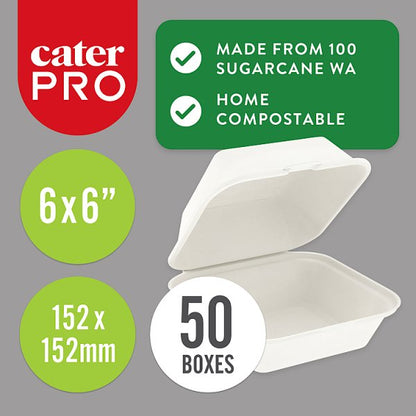 CaterPro 50 Bagasse Burger Boxes with Hinged Lids