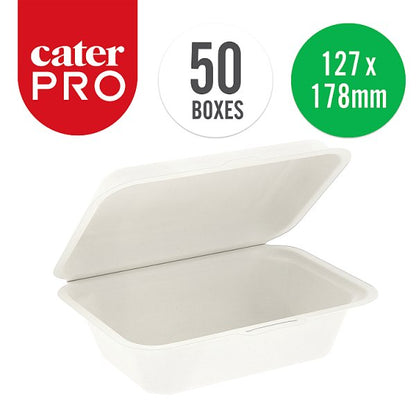 CaterPro 50 Bagasse Food Boxes with Hinged Lids 7x5”/127x178mm