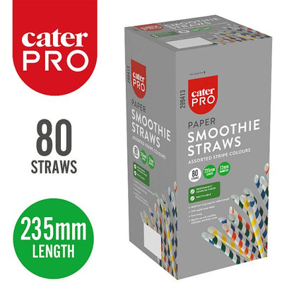 CaterPro 80 Paper Smoothie Straws Assorted Stripe Colours 235mm x 12mm